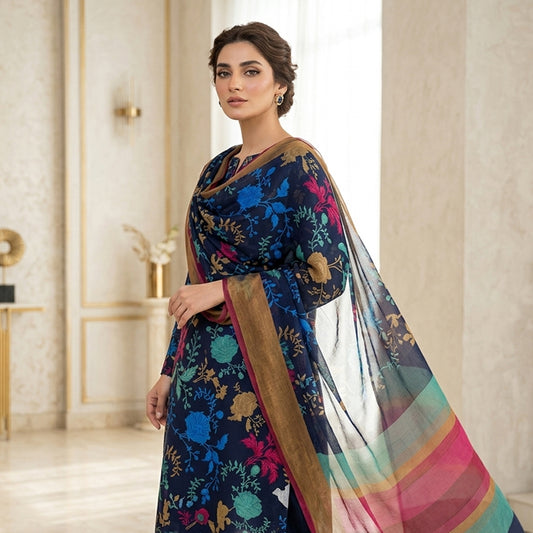 Woman wearing a colorful traditional outfit with a floral pattern in a well-lit room.