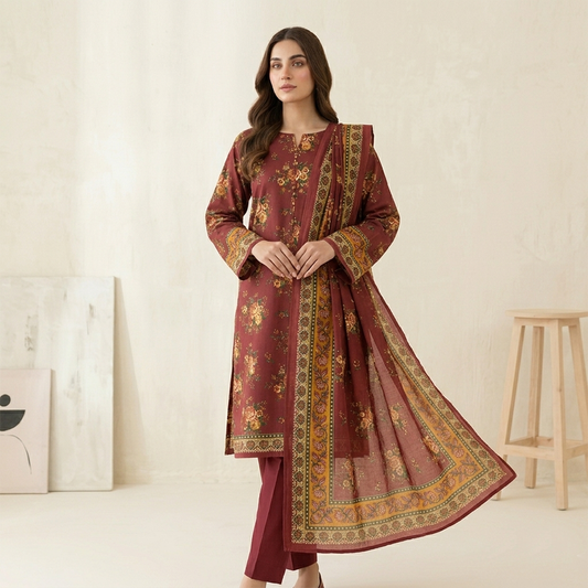 Woman wearing a maroon embroidered traditional outfit in a minimalistic setting
