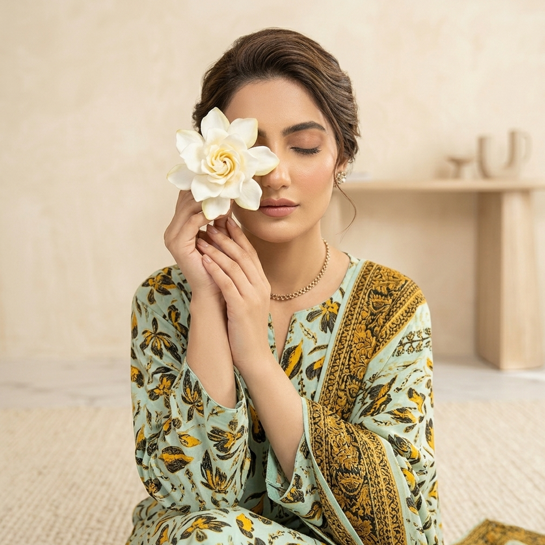 Woman in a floral dress holding a white flower to her face.
