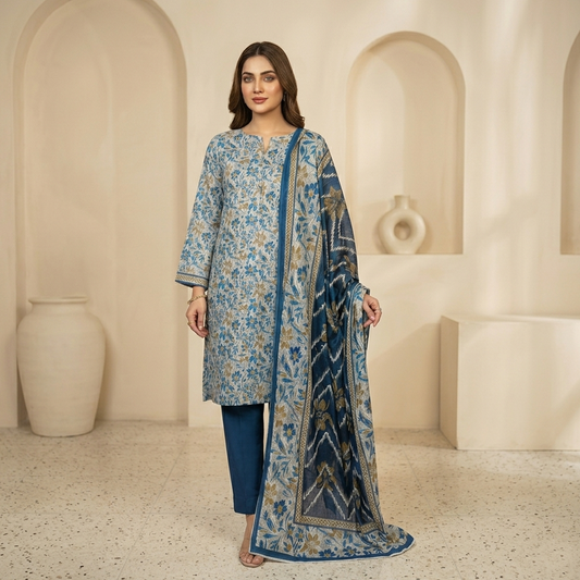 Woman wearing a blue floral traditional outfit in a beige interior setting