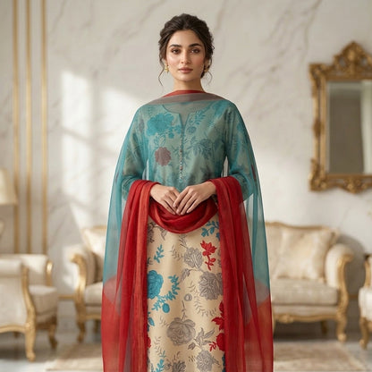 Woman in a traditional outfit with floral patterns in a decorated room