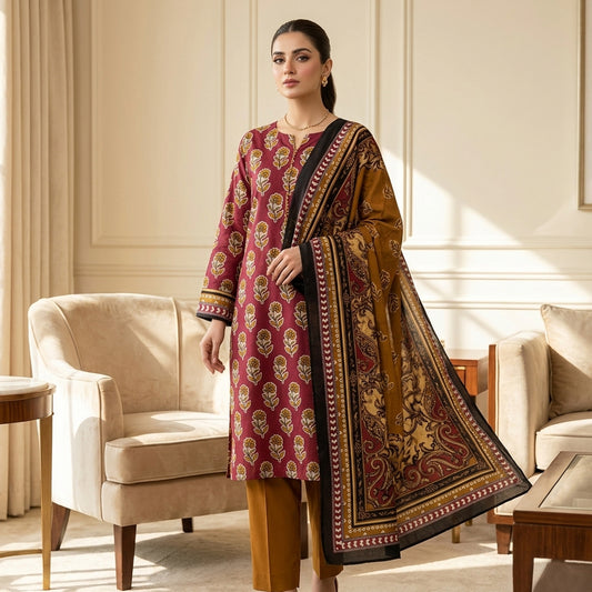 Woman in a traditional outfit standing in a well-furnished room with beige walls and furniture.