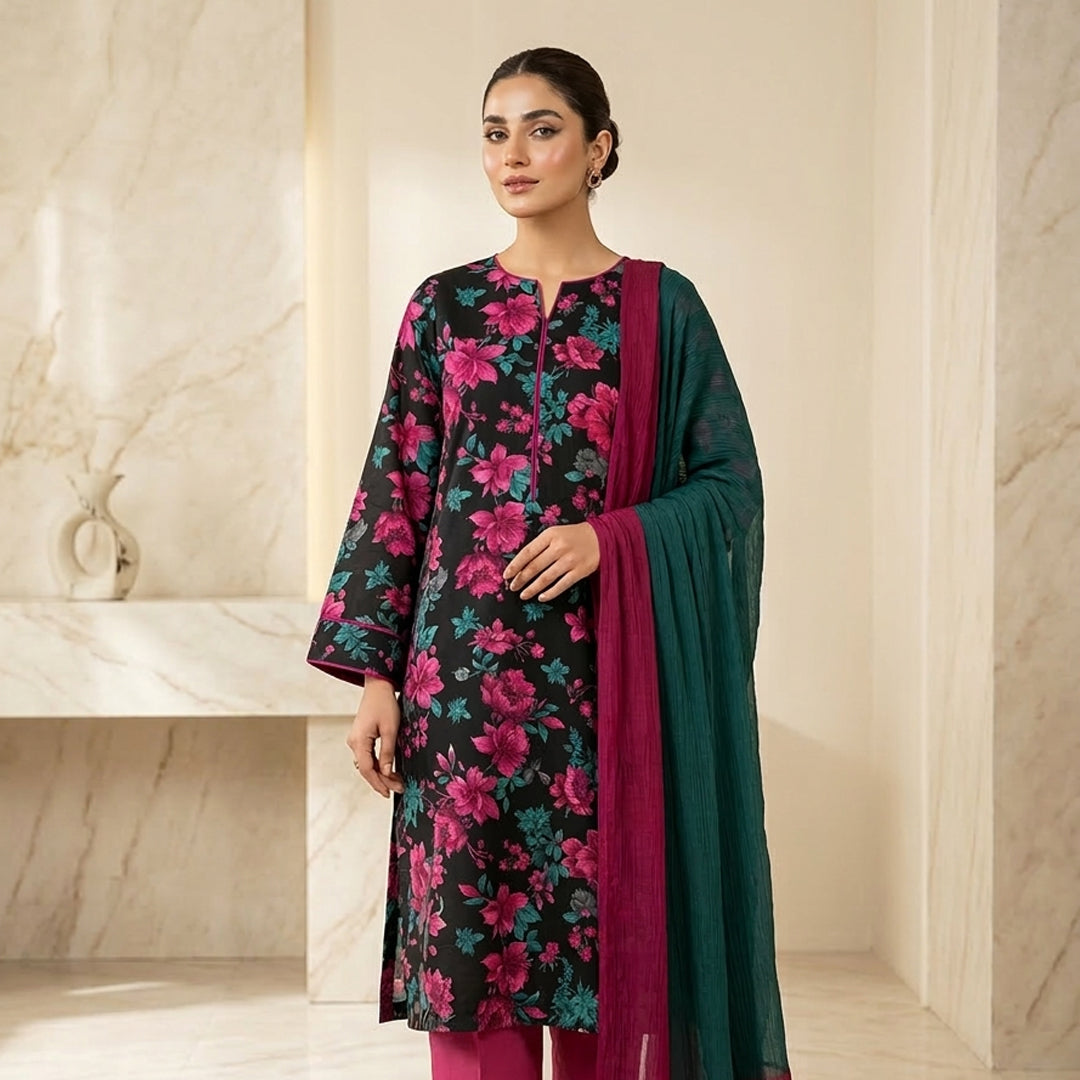 Woman wearing a floral dress with a matching dupatta in a marble interior setting