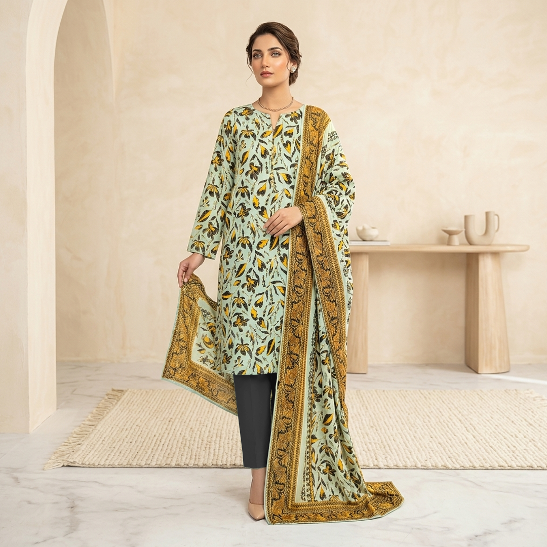 Woman wearing a light green and gold traditional outfit with a matching dupatta in a minimalistic setting.