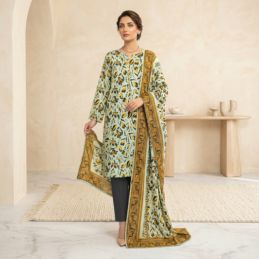 Woman wearing a light green and gold traditional outfit with a matching dupatta in a minimalistic setting.
