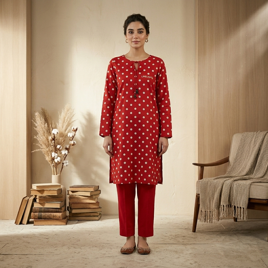 Woman wearing a red polka dot kurta with red pants in a room with books and a chair.