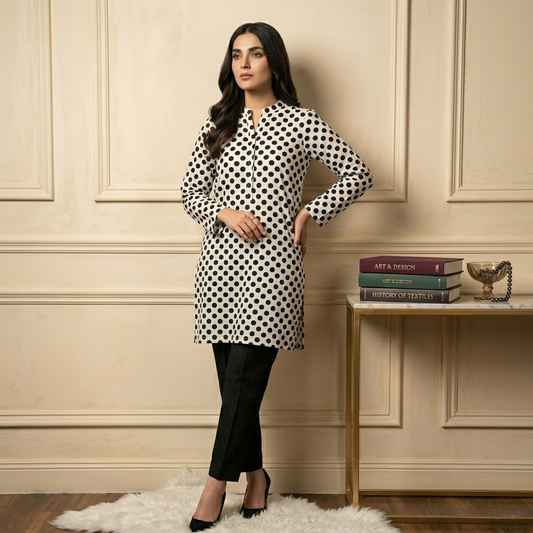 Woman wearing a black and white polka dot dress standing in a room with a wooden cabinet and books.