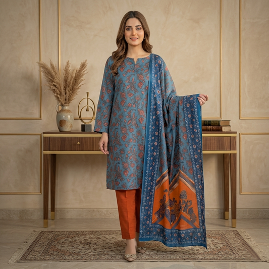 Woman wearing a blue and orange traditional outfit with a matching dupatta in a decorated room.