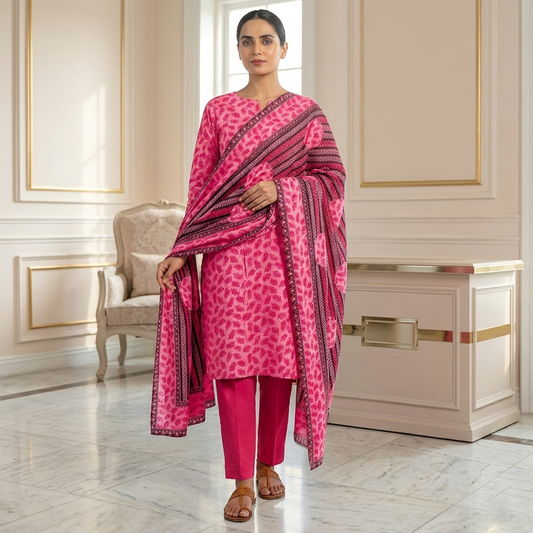 Woman in a pink traditional outfit standing in an elegant room.