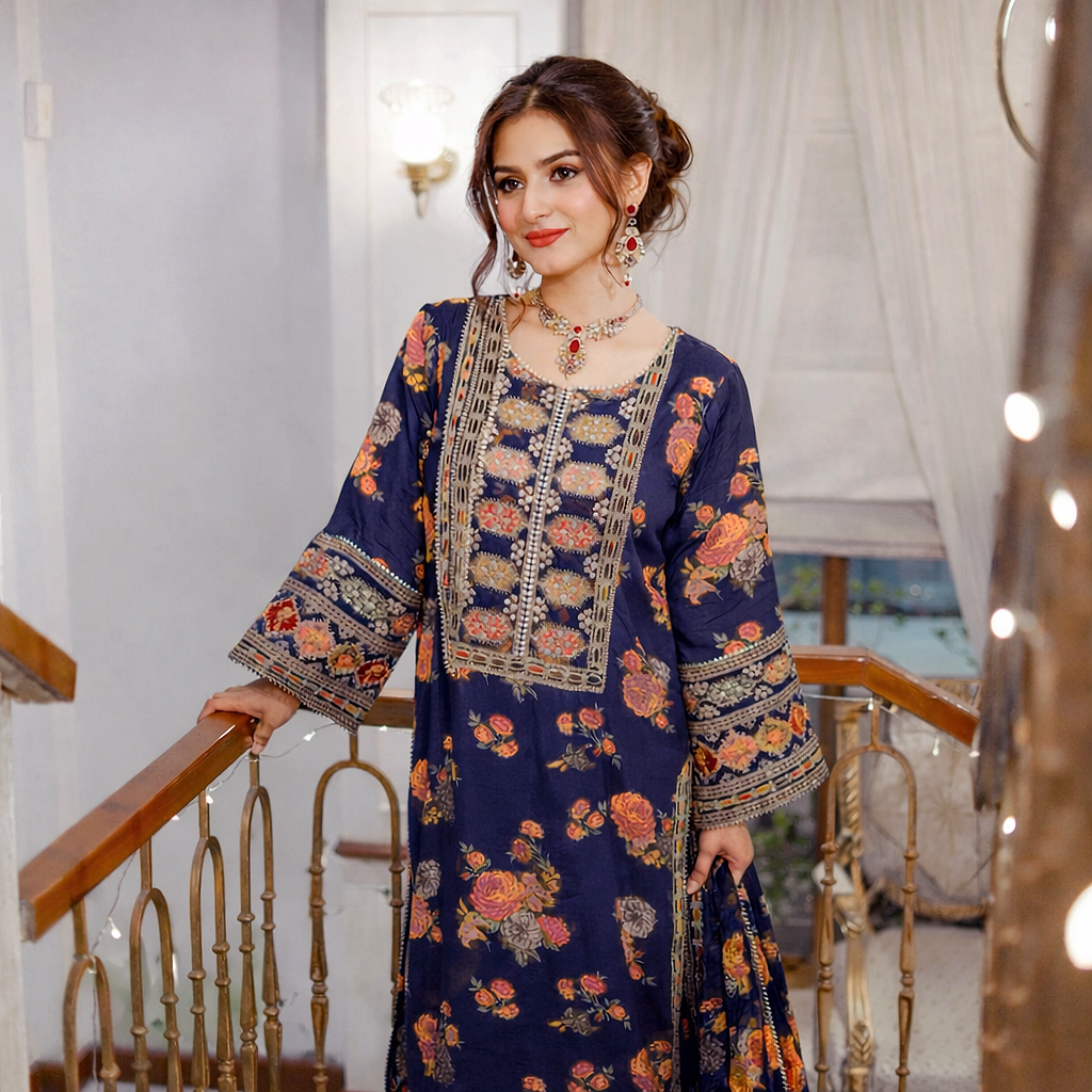 Woman wearing a floral dress with intricate patterns in an indoor setting.
