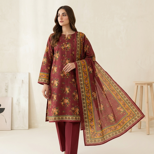 Woman wearing a maroon traditional outfit with floral patterns in a minimalistic setting