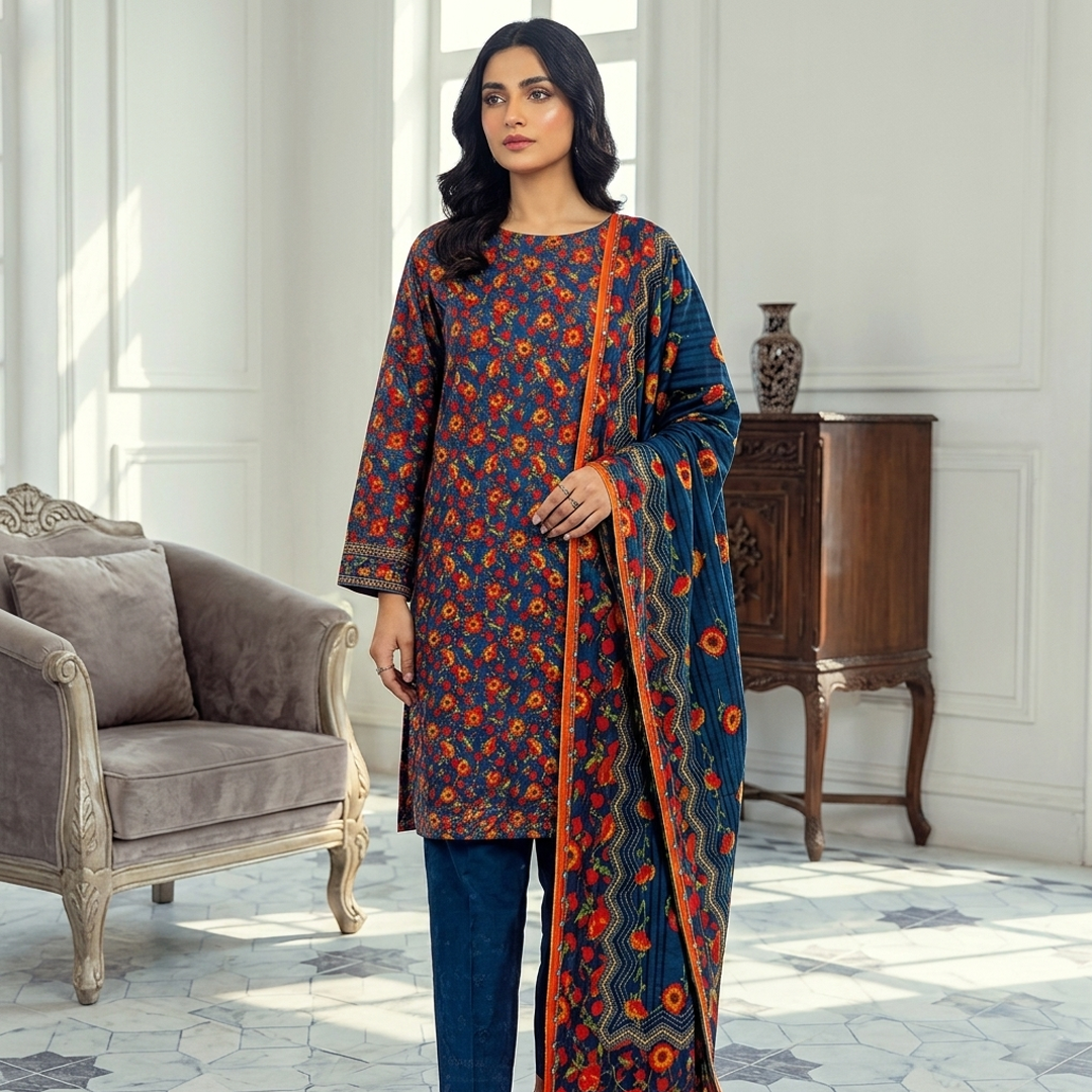 Woman wearing a blue and orange floral traditional outfit in a stylish room.