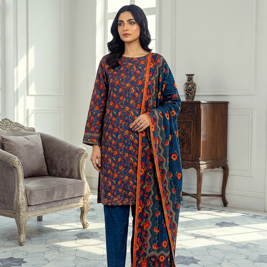 Woman wearing a blue and orange floral traditional outfit in a stylish room.