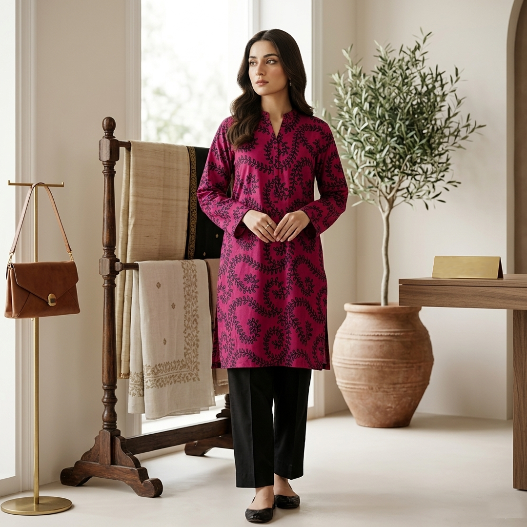 Woman in a pink patterned dress standing in a room with decor elements.