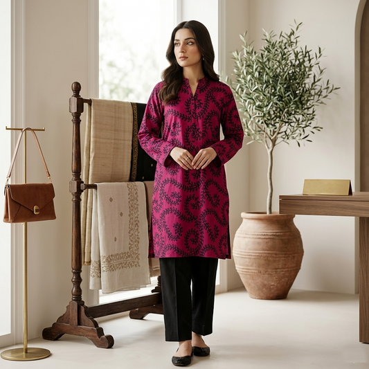 Woman in a pink patterned dress standing in a room with decor elements.