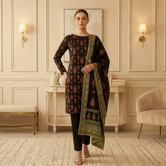 Woman in a patterned outfit standing in an elegant room with decorative walls and furniture.