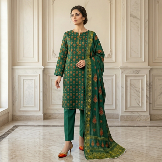 Woman wearing a green traditional outfit with intricate patterns in an elegant room.