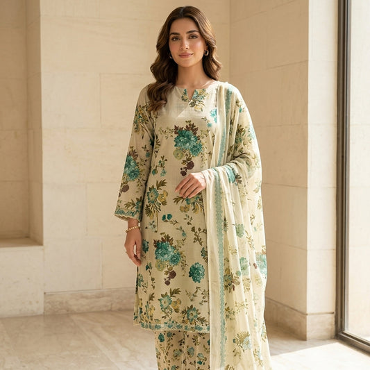 Woman wearing a floral dress and dupatta in a well-lit room.