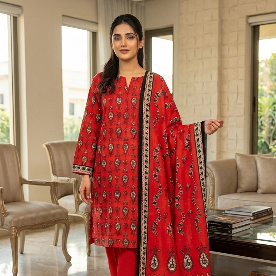 Woman wearing a red traditional outfit with intricate patterns in a well-lit room.