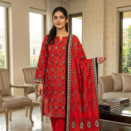 Woman wearing a red traditional outfit with intricate patterns in a well-lit room.