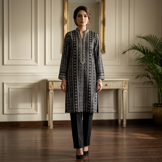 Woman wearing a black and white patterned kurta with black pants in an elegant room.