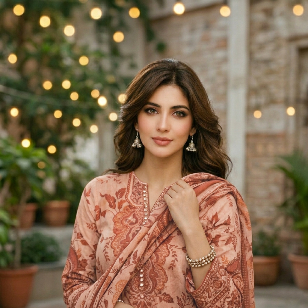 Woman in a patterned pink outfit standing outdoors with string lights and plants in the background