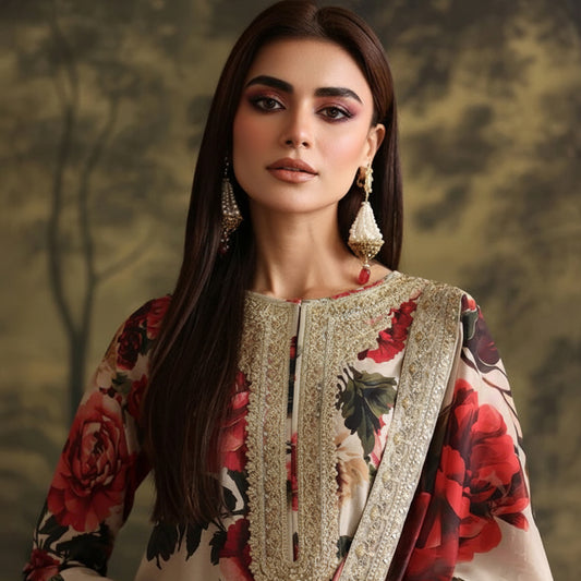 Woman wearing a floral dress with intricate details against a blurred natural background