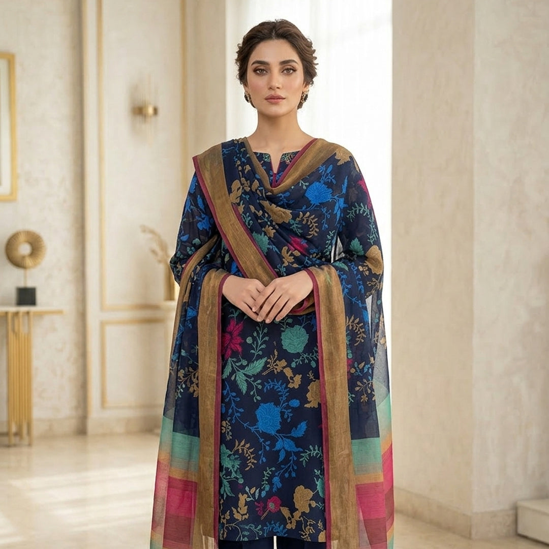 Woman wearing a colorful traditional outfit in an elegant room.