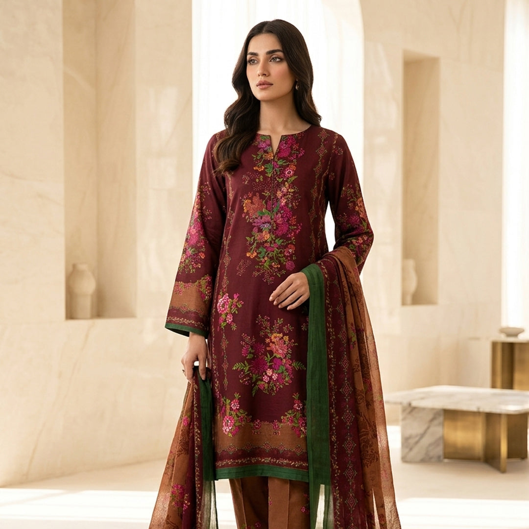 Woman wearing a maroon embroidered traditional outfit with a green dupatta in an elegant setting.