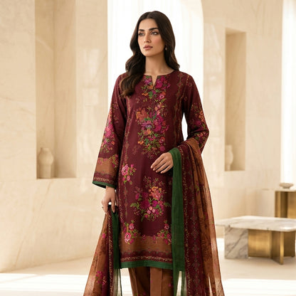 Woman wearing a maroon embroidered traditional outfit with a green dupatta in an elegant setting.