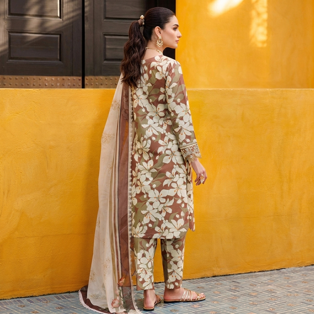 woman wearing floral suit standing against wall while posing