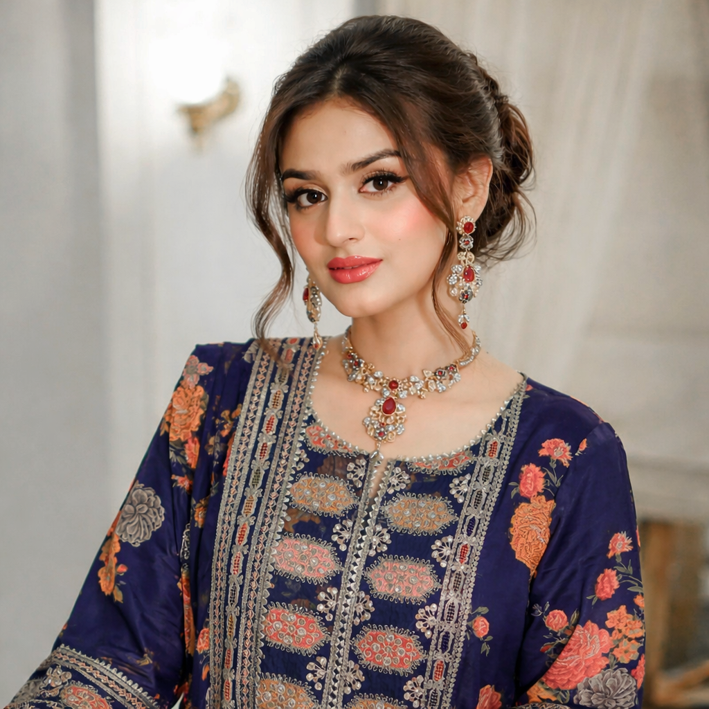 Woman wearing a traditional embroidered outfit with jewelry against a neutral background