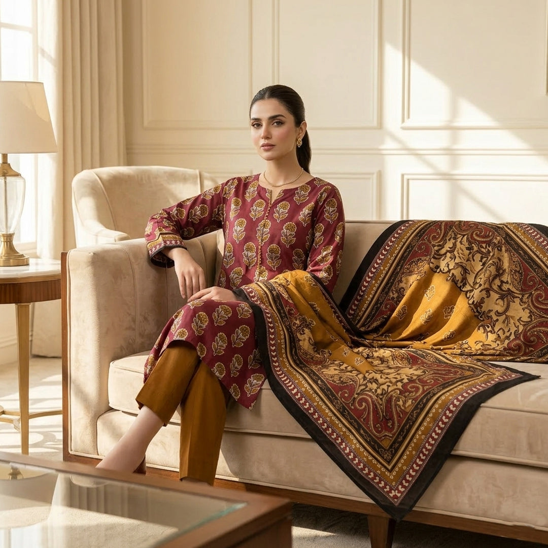 Woman in a patterned outfit sitting on a couch with a decorative dubbata