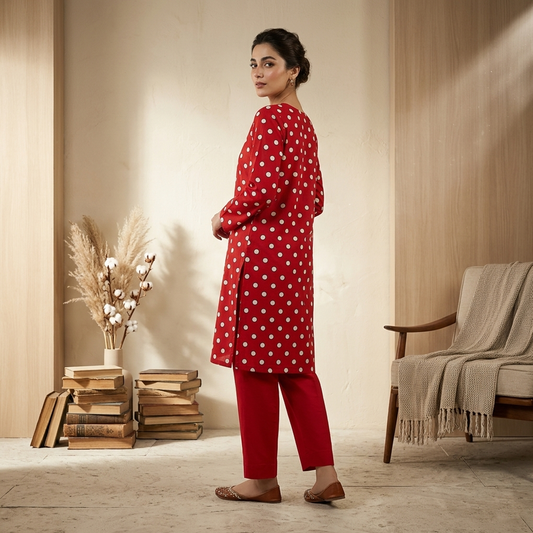 Woman in a red polka dot outfit standing in a room with books and a chair.