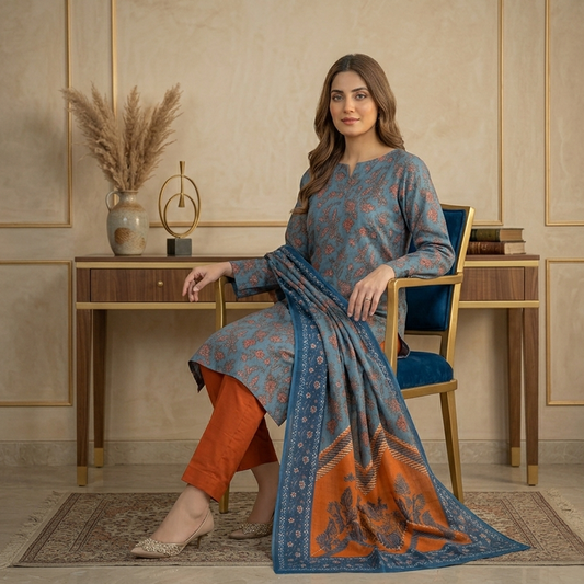 Woman in a blue and orange traditional outfit sitting in a room with a desk and decorative items.