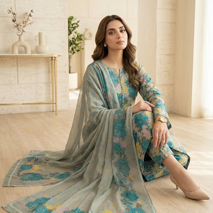 Woman in a floral dress sitting indoors with a neutral background