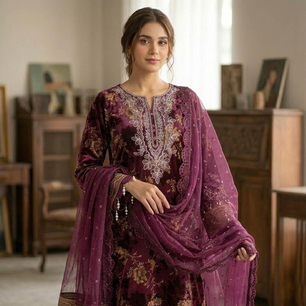 model wearing purple printed suit with dupatta