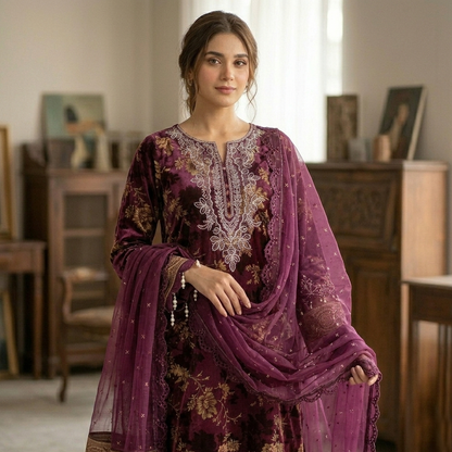 model wearing purple printed suit with dupatta