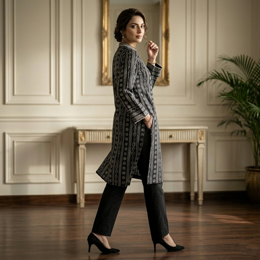 Model wearing black dress