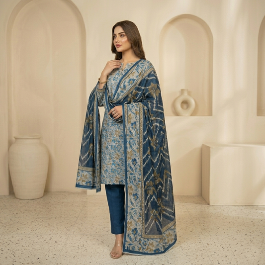 Woman wearing a blue patterned outfit in an elegant interior setting