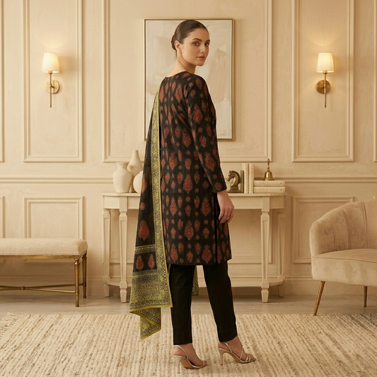 Woman in a patterned dress standing in an elegant room with decorative wall lights and furniture.
