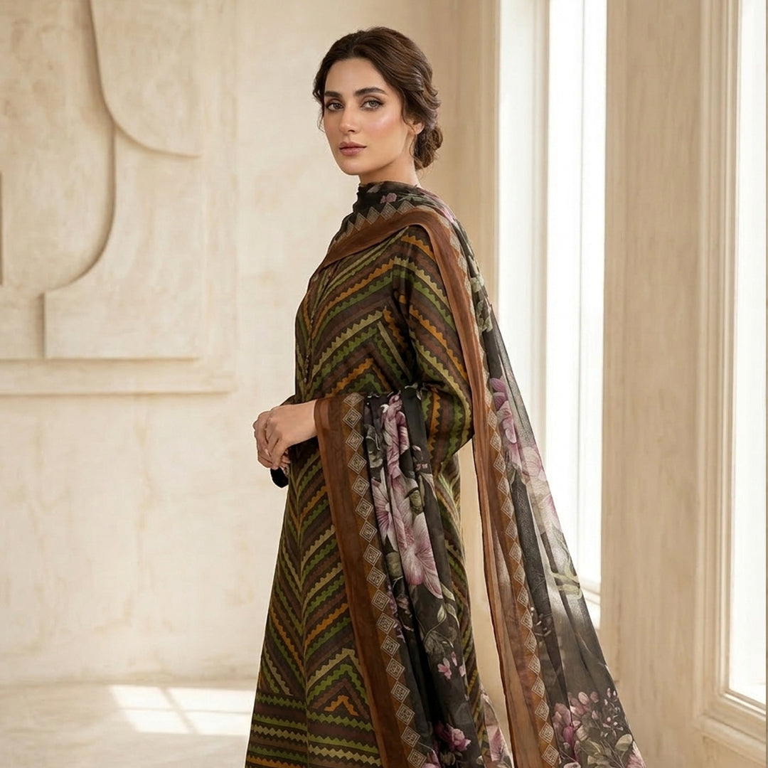 Woman wearing a patterned outfit with a sheer dupatta in a well-lit room.