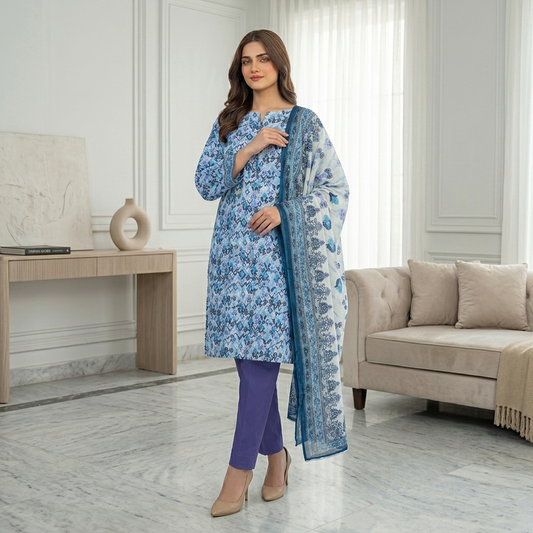 Woman in a blue floral outfit standing in a modern living room.