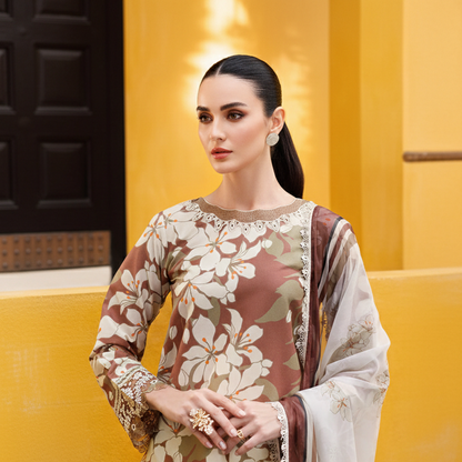 Woman wearing a floral outfit against a yellow background