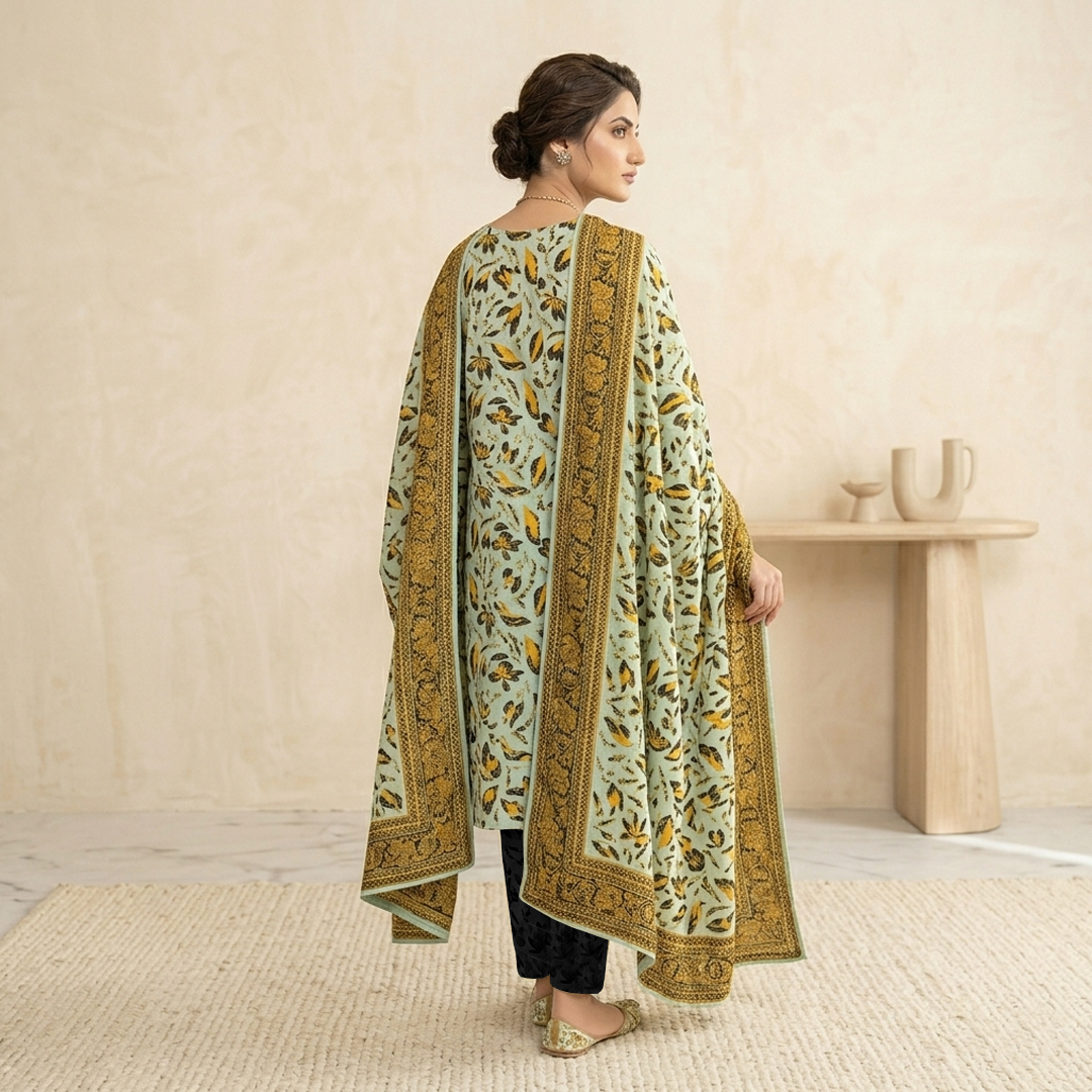 Woman wearing a light green and gold embroidered dupatta in a minimalistic room.