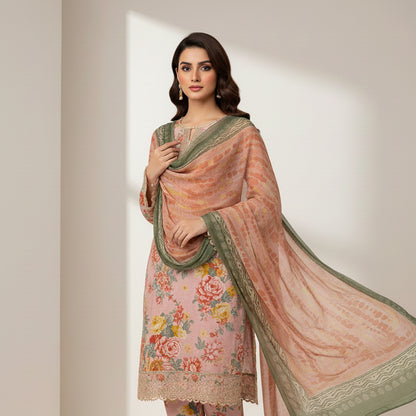 Woman wearing a traditional outfit with a floral design on a plain background