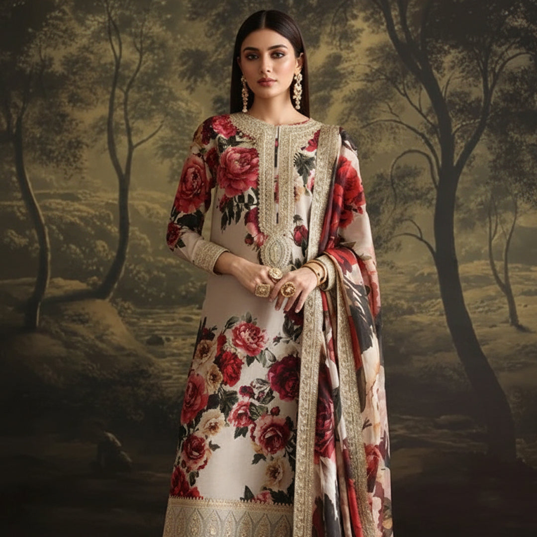Woman in a floral dress standing in a forest setting