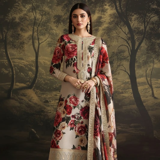 Woman in a floral dress standing in a forest setting