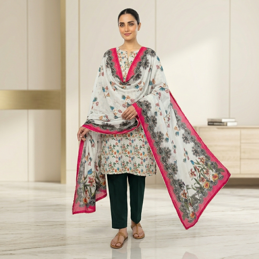 Woman wearing a floral dress with a pink border in an indoor setting