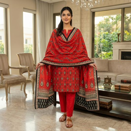 Woman in a red traditional outfit standing in a living room.